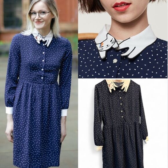 Miss Patina Bowie Cat Dress Navy Polka Dots - Picture 12 of 12